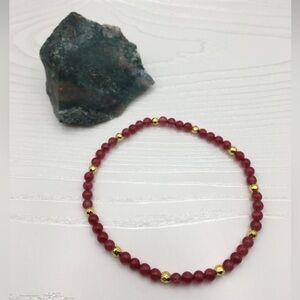 HANDCRAFTED Dark Red Jade & Gold Plated Hematite Stretch Ankle Bracelet